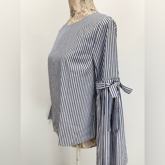 CATHERINE MALANDRINO Blue and white stripe bell sleeve blouse‎ size S. - Picture 3 of 13